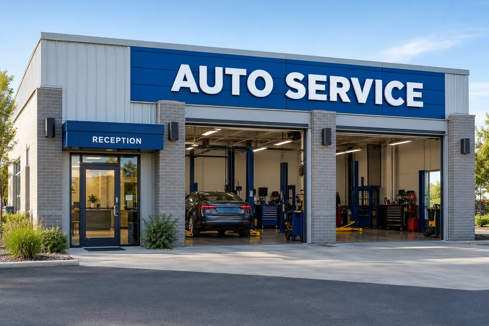 Stanley Automotive Signs — White dimensional AUTO SERVICE letters on a blue repair-shop facade above service bays and a separately marked reception entrance