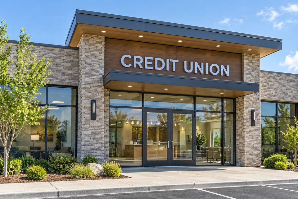 Stanley Bank & Credit Union Signs — Dimensional CREDIT UNION lettering above the glass entrance of a stone-clad bank branch