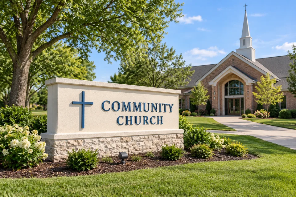 Stanley Church Signs — Blue dimensional community church lettering and a cross on a cream masonry sign in front of a brick church