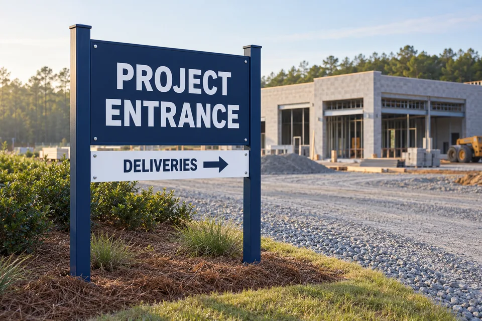 Gastonia Construction Signs — post-and-panel project entrance and delivery direction signs