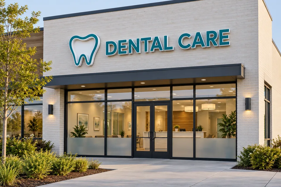 Mount Holly Dental Signs — Teal dental care channel letters and a tooth symbol above a glass storefront with frosted privacy bands