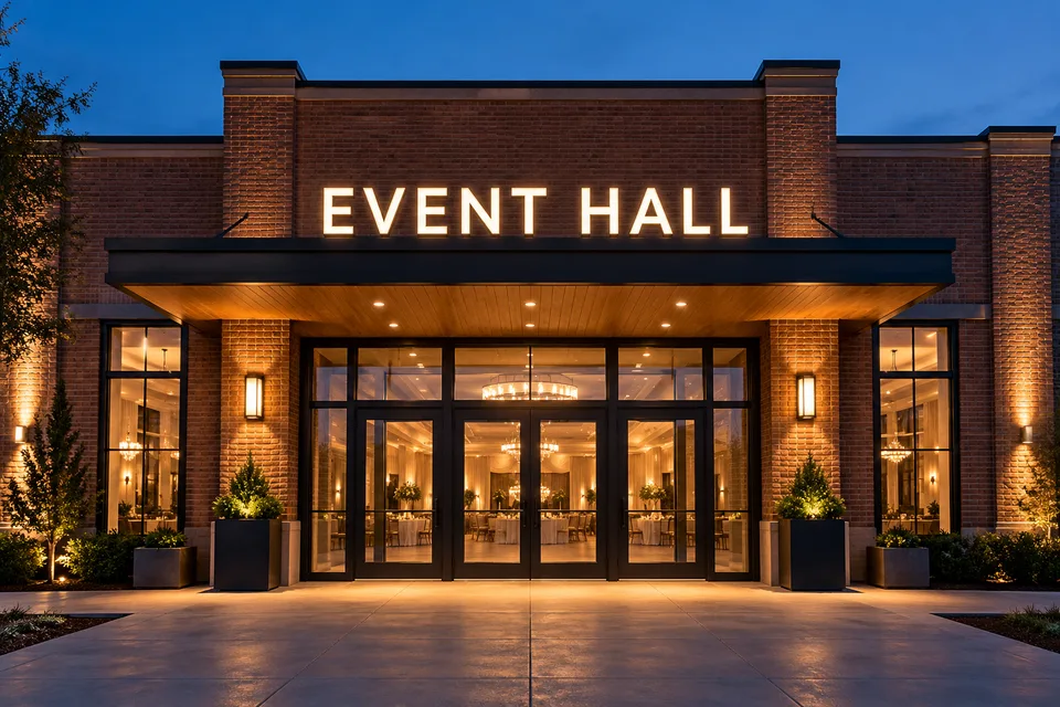 Stanley Event Venue Signs — Illuminated event hall channel letters above a brick venue entrance at dusk