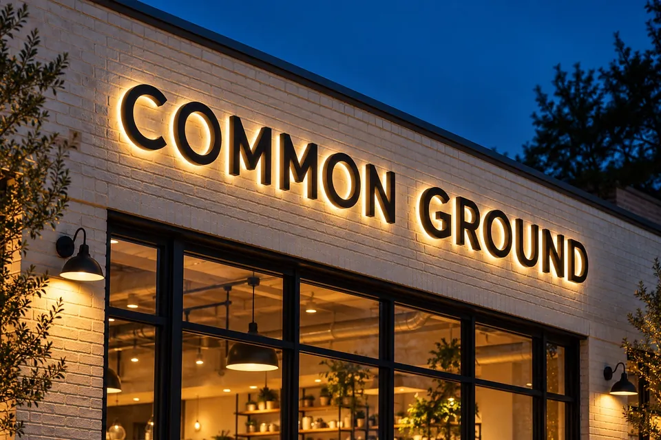 Gastonia Building Signs — illuminated storefront channel letters at dusk
