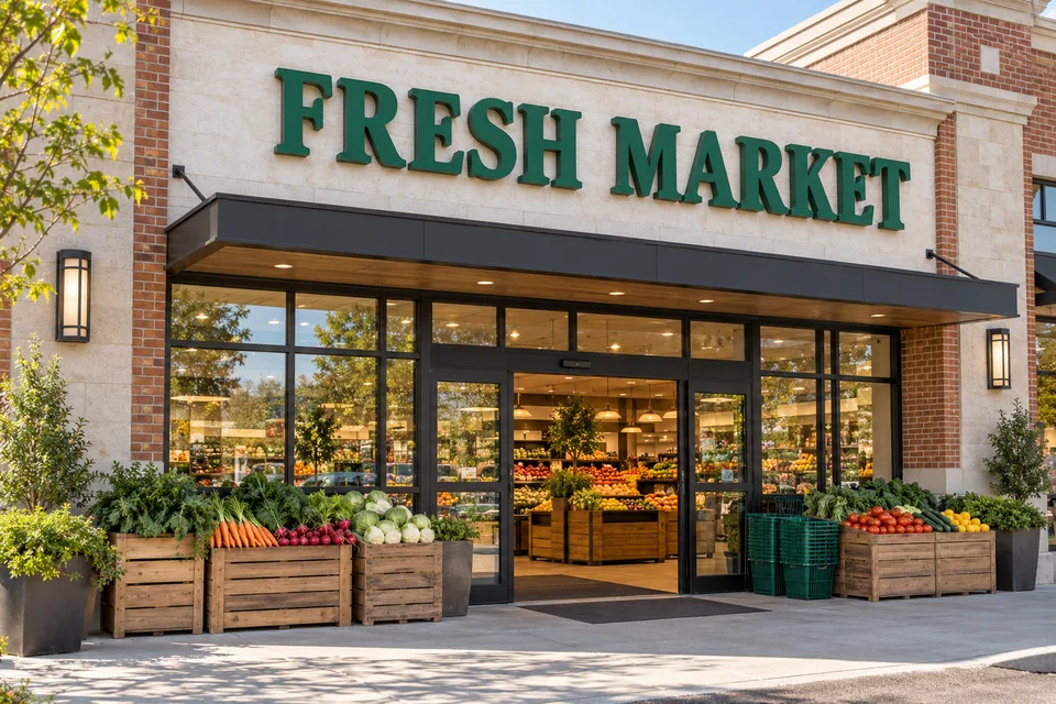 Mount Holly Grocery Store Signs — Green FRESH MARKET dimensional letters above a grocery entrance with visible produce displays and shopping baskets