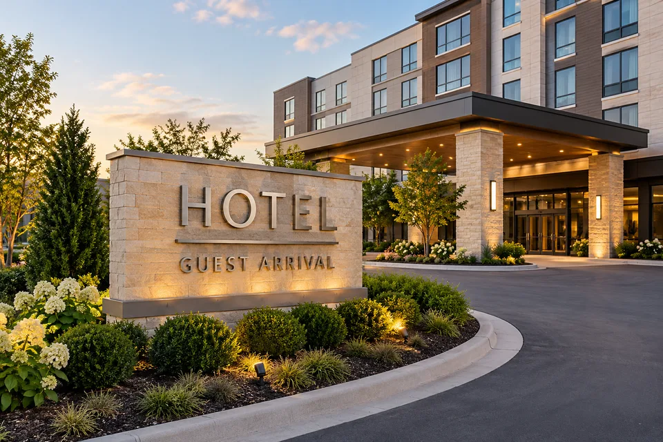Cramerton Hotel Signs — Brushed-metal hotel arrival lettering on a stone monument beside a covered guest entrance