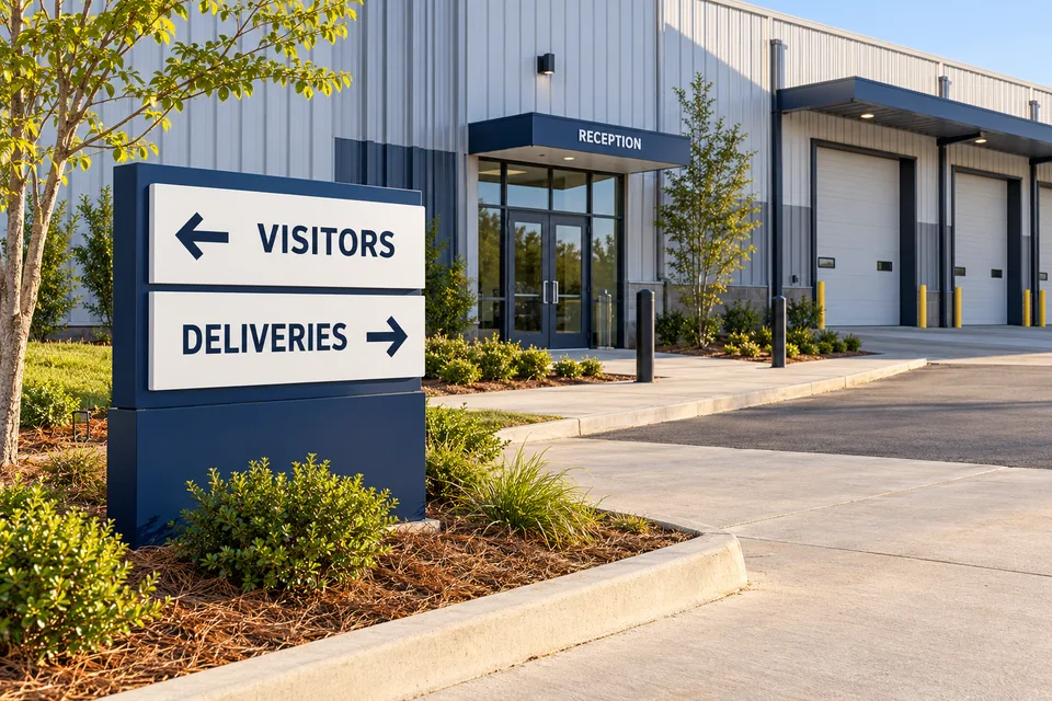 Visitor and delivery directory on a landscaped approach to an industrial reception entrance
