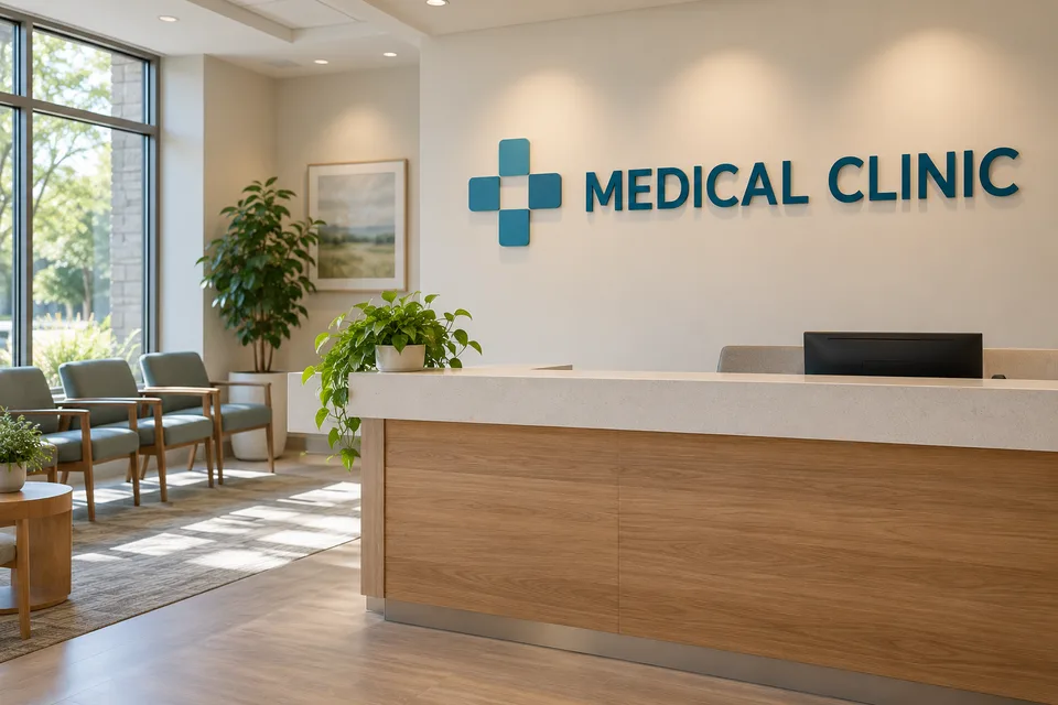 Stanley Medical Signs — Teal dimensional medical clinic letters and a geometric cross on a reception wall above a wood-front desk