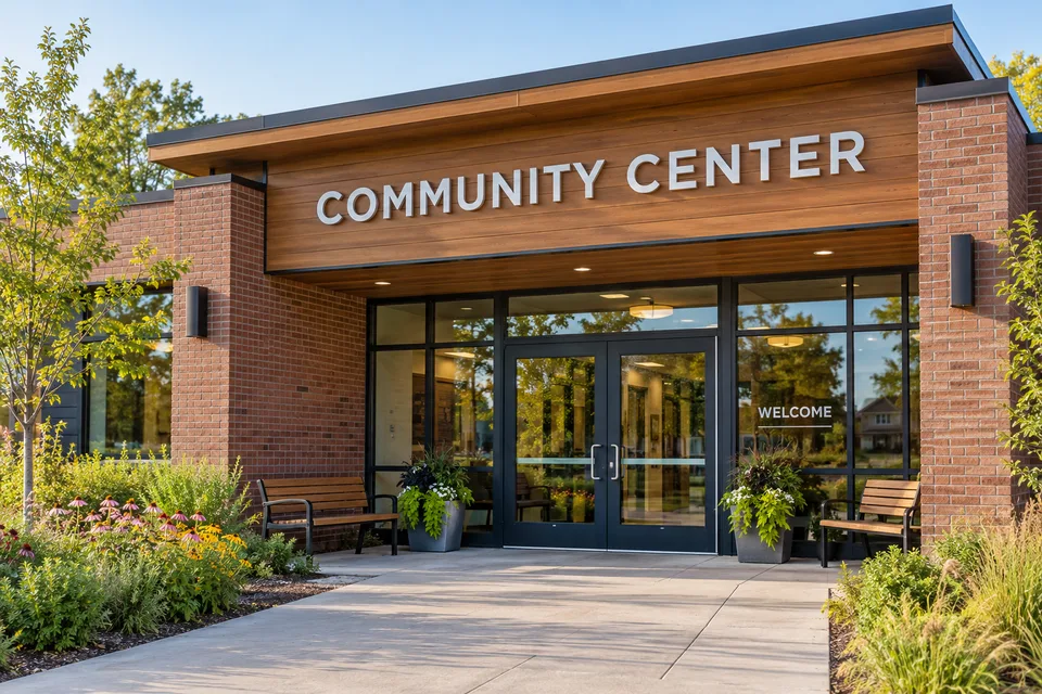 Cramerton Nonprofit Signs — COMMUNITY CENTER dimensional letters above a welcoming brick entrance with WELCOME window lettering and benches