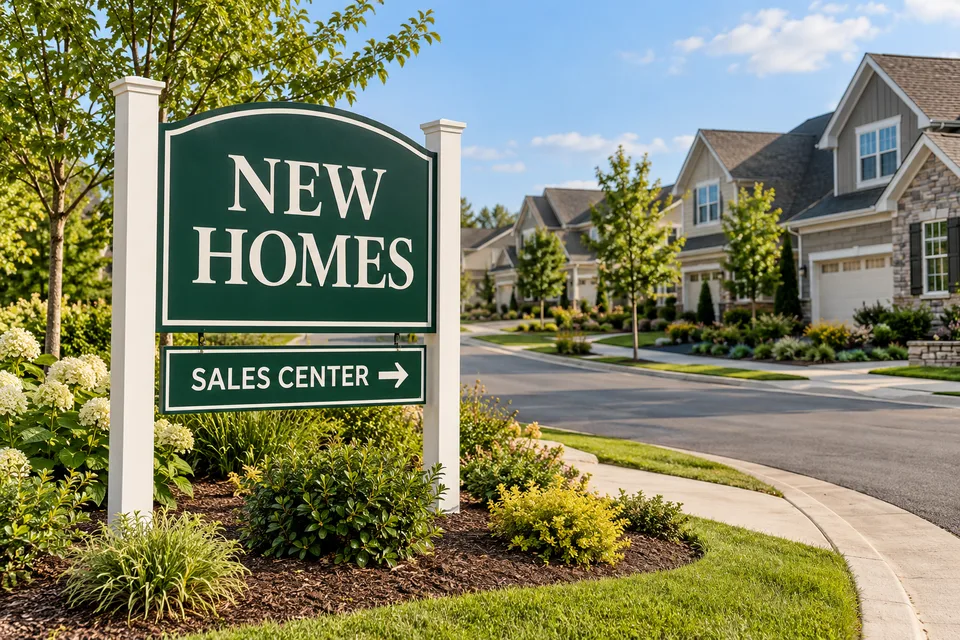 Belmont Real Estate Development Signs — Green NEW HOMES post-and-panel sign with a SALES CENTER direction panel beside a landscaped residential development entrance