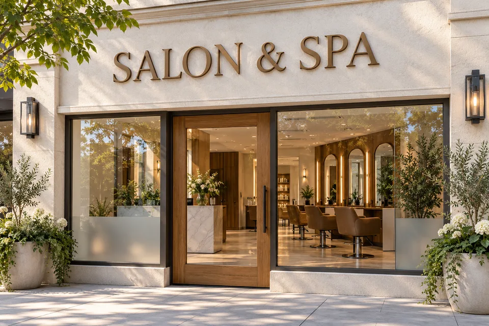 Cramerton Salon & Spa Signs — Bronze SALON & SPA lettering above a glass salon entrance with styling chairs, mirrors and frosted window panels