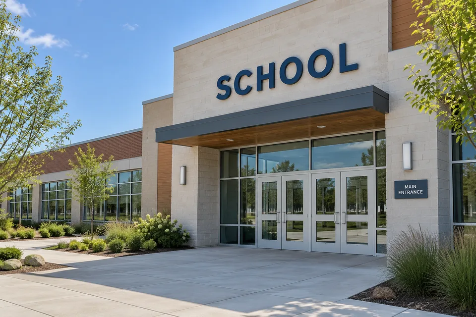 Gastonia School Signs — Dark blue dimensional school lettering above glass doors with a separate main entrance plaque